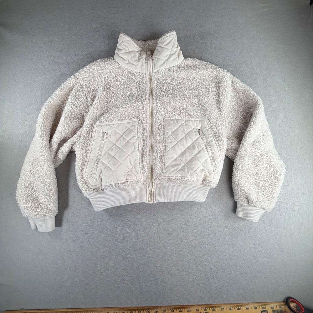 Bailey 44 Women's Cropped Sherpa Bomber Jacket Small Ivory Quilted Full Zip Coat